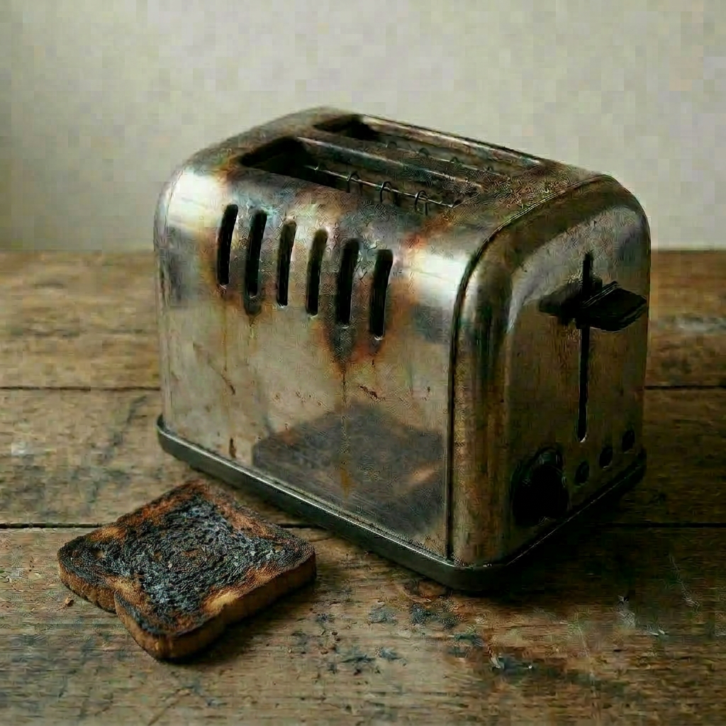 Stainless steel toaster with two slices of toasted bread popping up